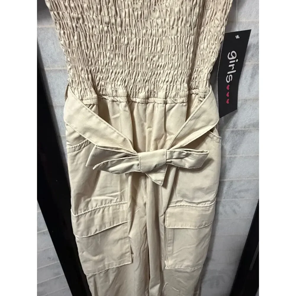 Girls 10/12 NWT Khaki Y2K Shirred Cargo‎ Jumpsuit Utility Romper Puff Sleeve Tie